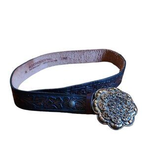 Belt Dark Brown Leather Belt with a large floral Buckle western embellished wrap